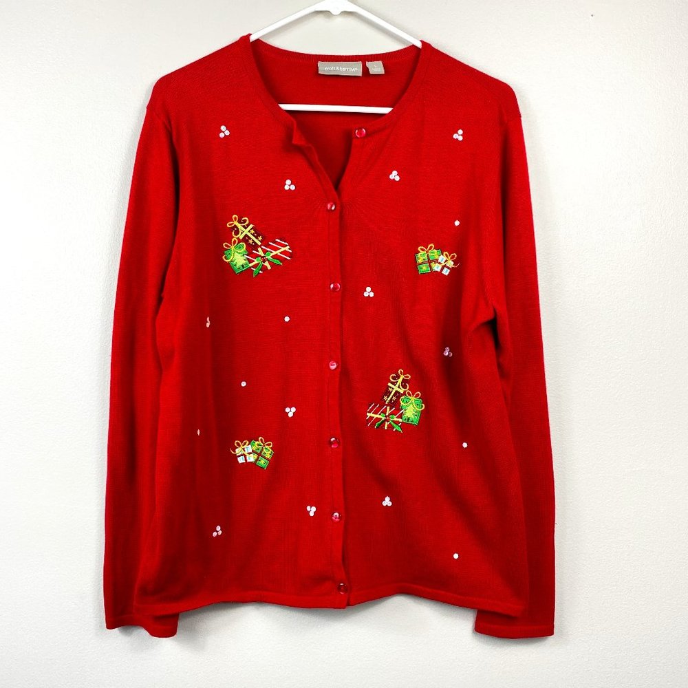 Croft & Barrow Holiday/Christmas Red Large Cardigan Embroidered Gifts & Sequins